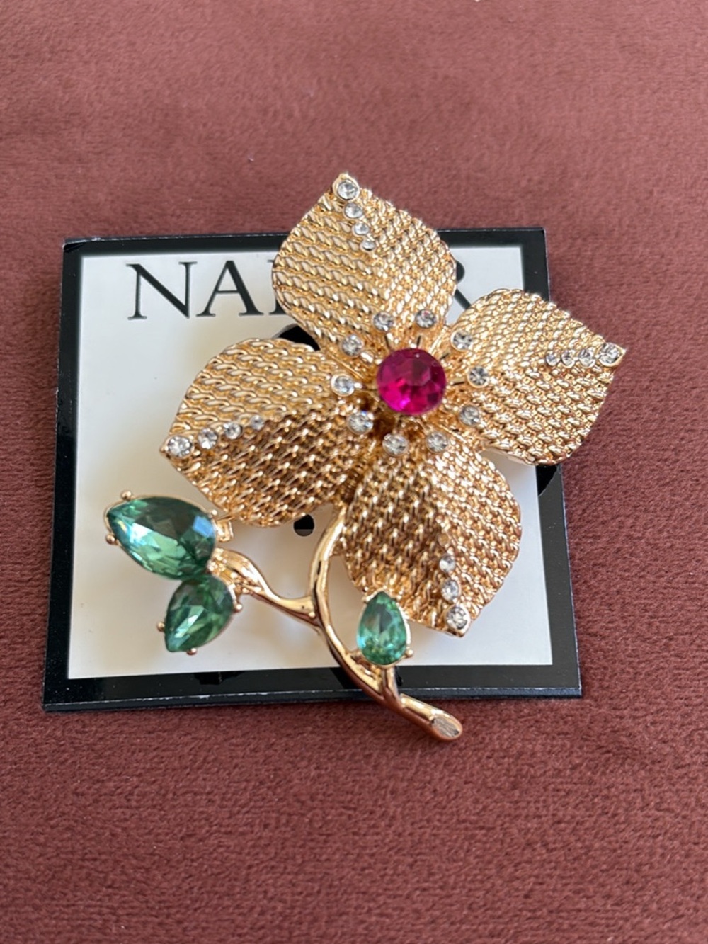 New Napier Gold Floral Crystal Brooch with Pink Center and Emerald Leaves